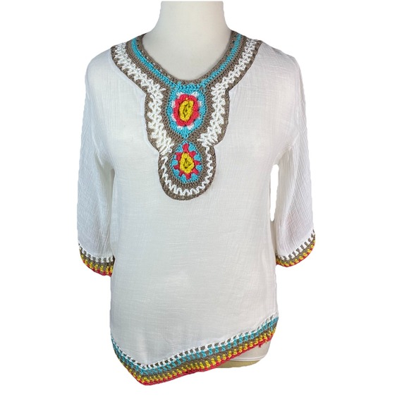 Ana & Rose Crochet Tonic‎ Blouse Size L White Gauze Boho Floral Medallion - Picture 1 of 13